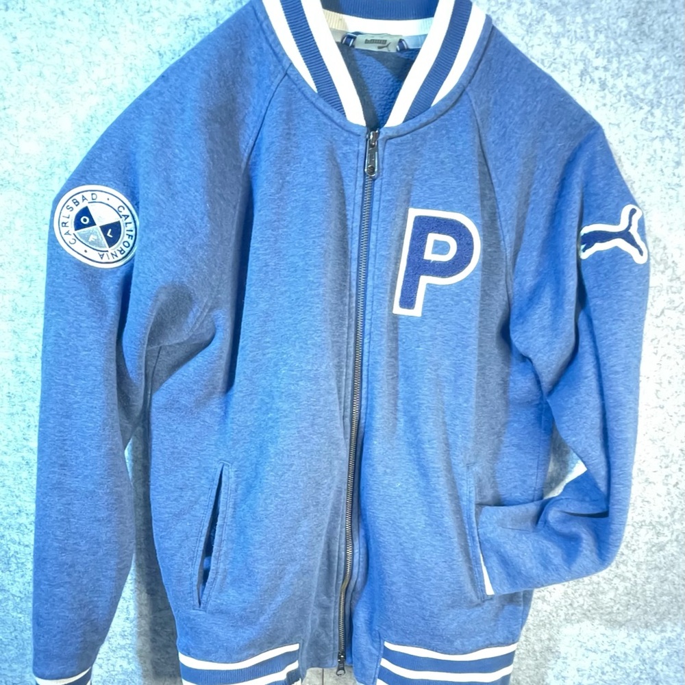PUMA Golf Varsity Fleece Jacket in Dark Denim Heather. Small